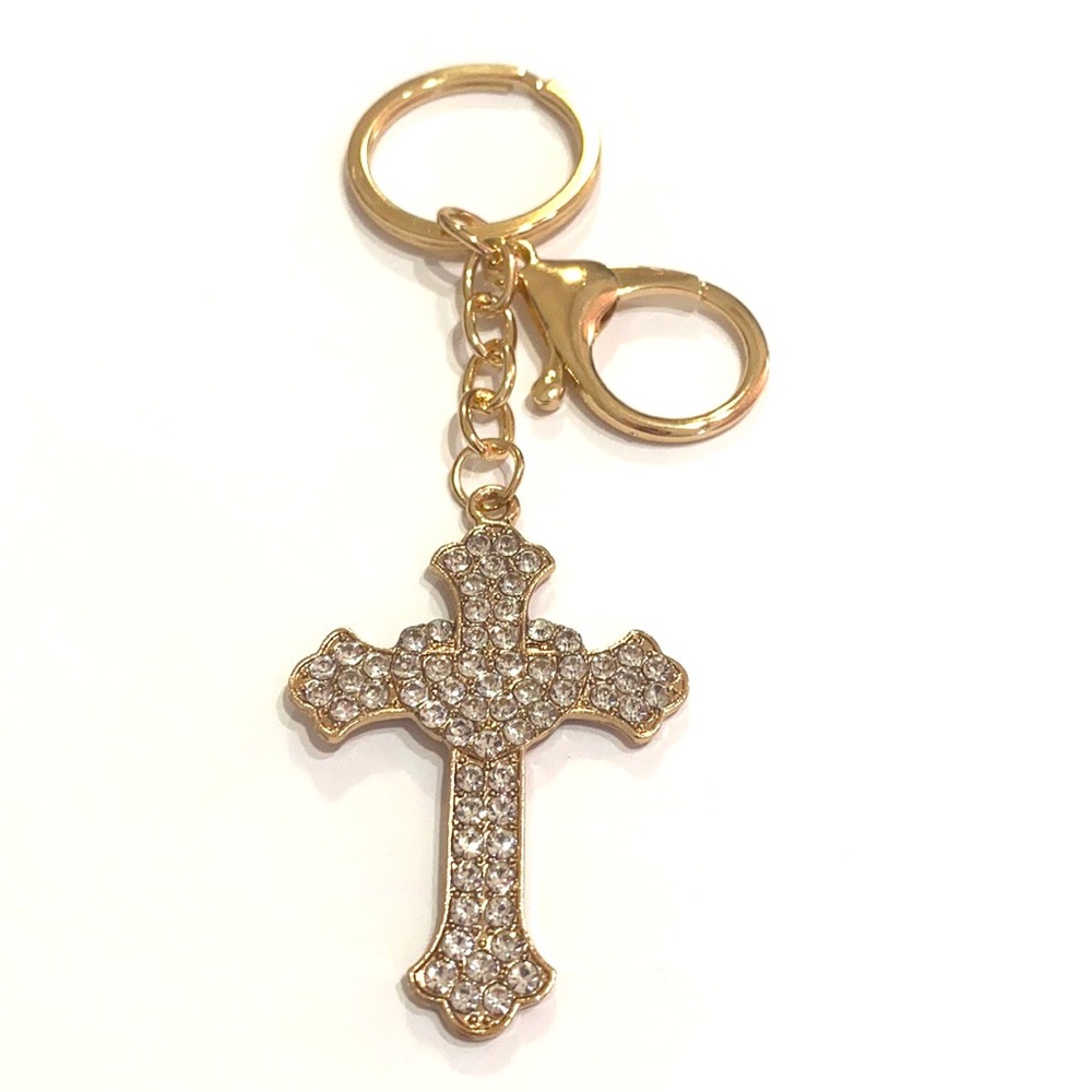 Gold Tone Religious Cross Keychain Purse Charm Rhinestones - Picture 2 of 2